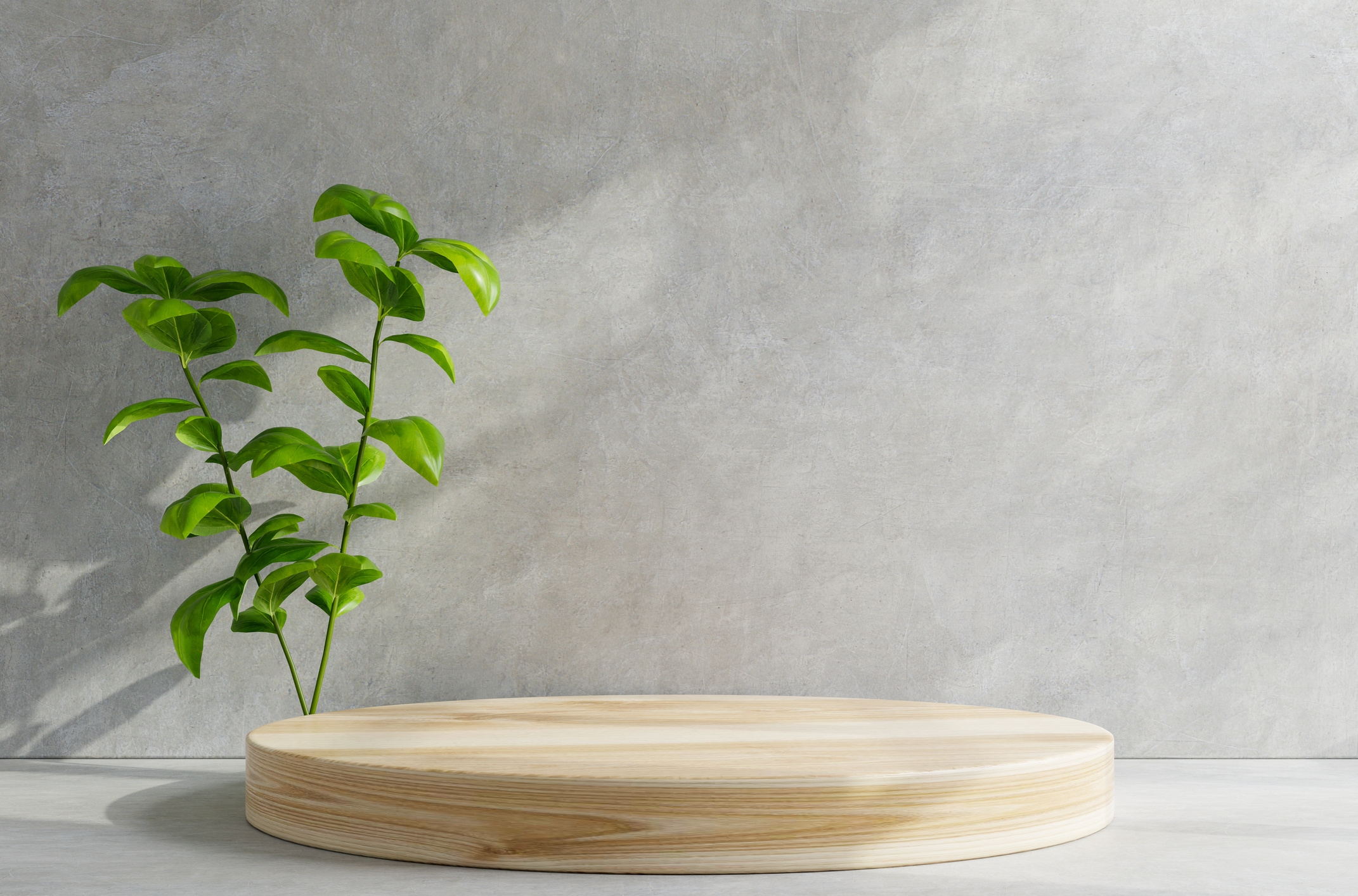 Wood Podium on Table Counter with Concrete Grunge Texture Background.